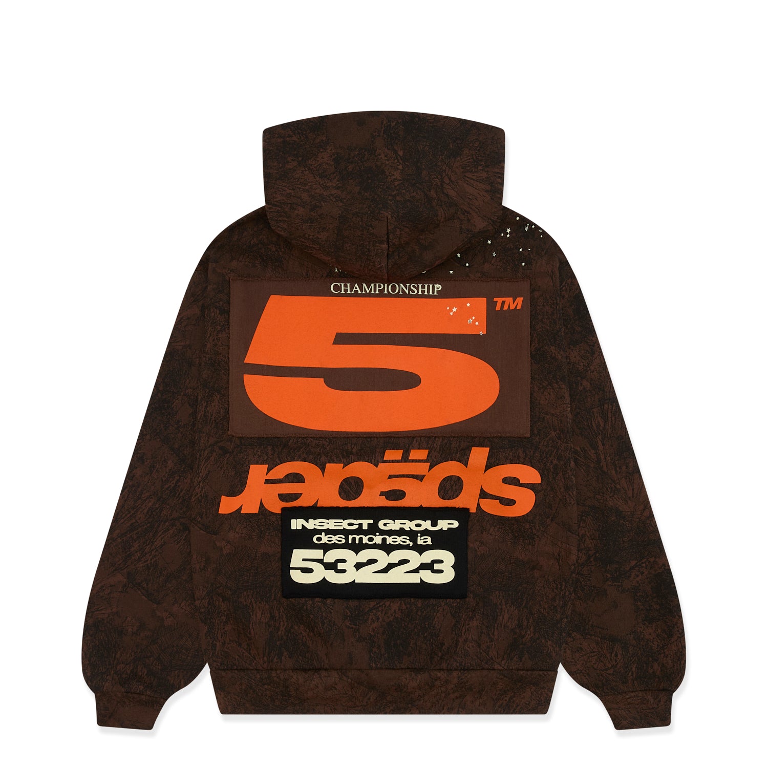 Brown tree camo hoodie with large orange '5' and 'SP5DER' text, racing patch, and '53223' on back.