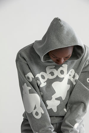 DARK HEATHER GREY BELUGA HOODIE ON MODEL