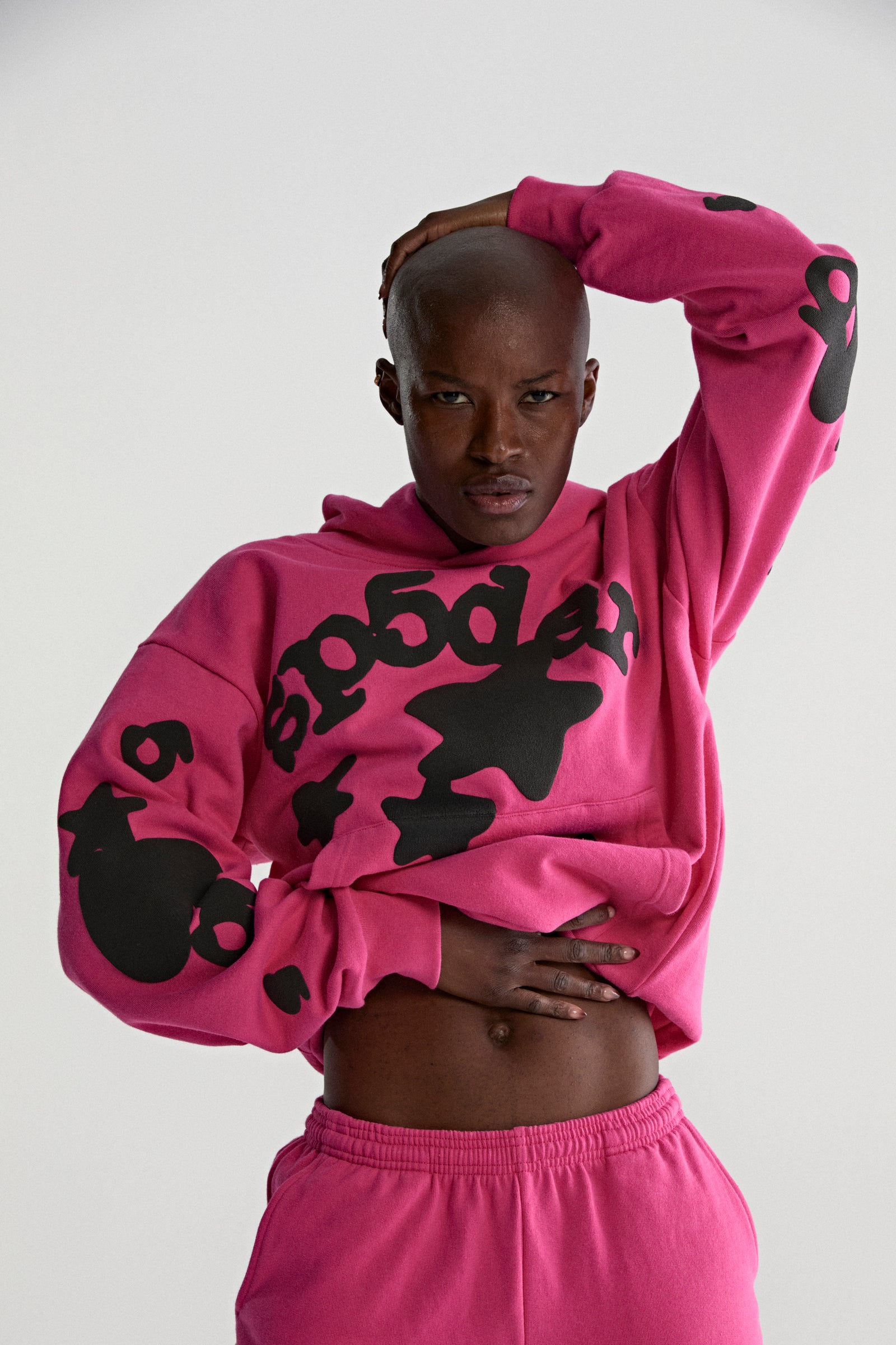 PINK BELUGA HOODIE ON MODEL