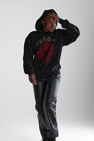 BLACK RHINESTONE OG WEB V2 HOODIE ON MODEL