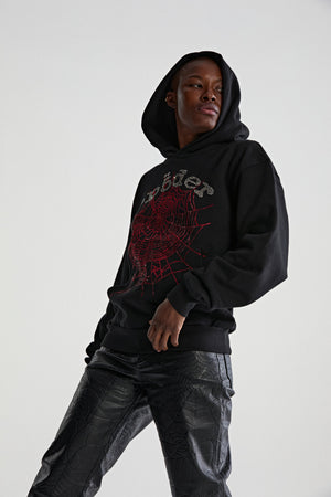 BLACK RHINESTONE OG WEB V2 HOODIE ON MODEL