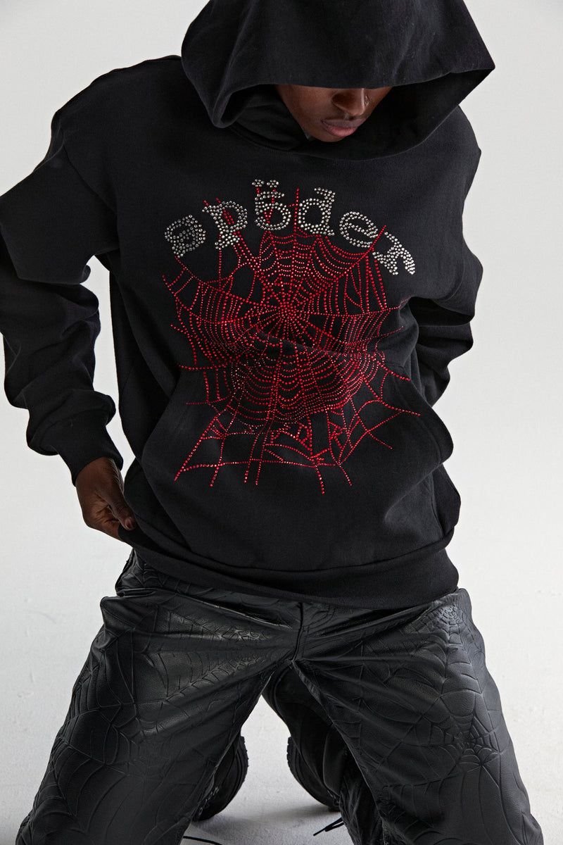 BLACK RHINESTONE OG WEB V2 HOODIE ON MODEL