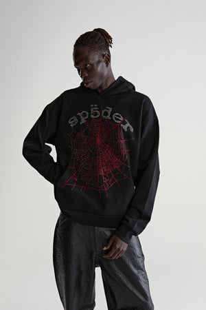 BLACK RHINESTONE OG WEB V2 HOODIE ON MODEL