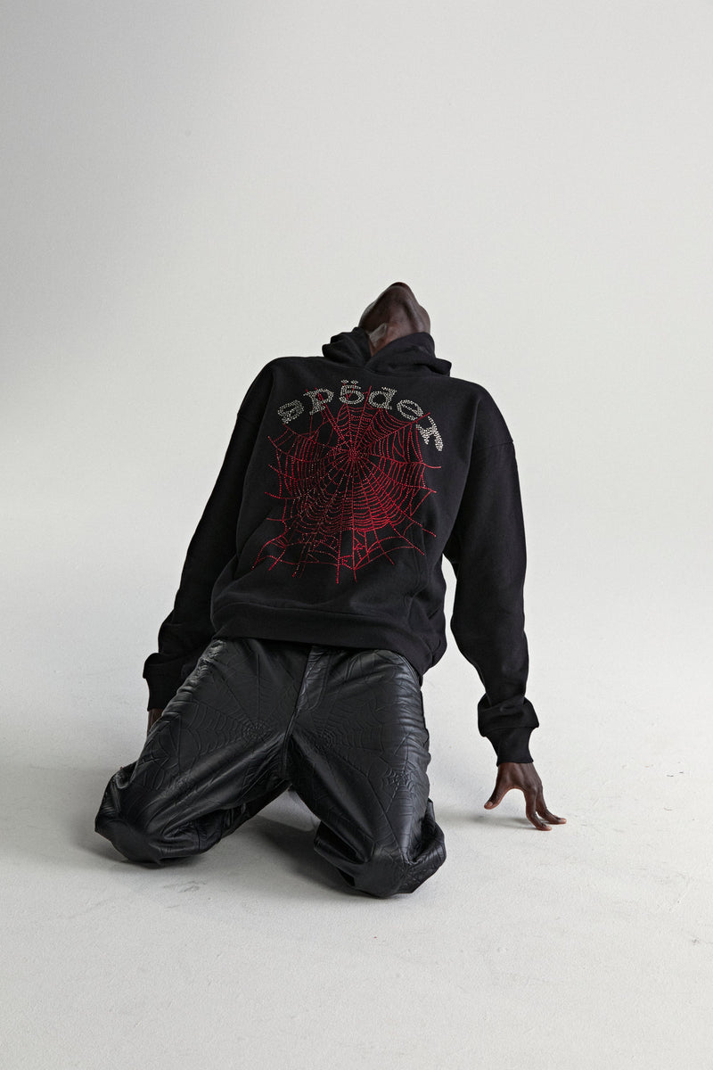 BLACK RHINESTONE OG WEB V2 HOODIE ON MODEL