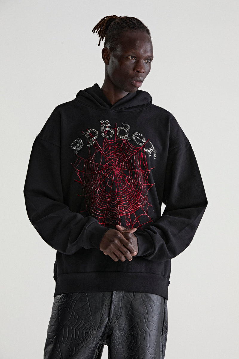 BLACK RHINESTONE OG WEB V2 HOODIE ON MODEL