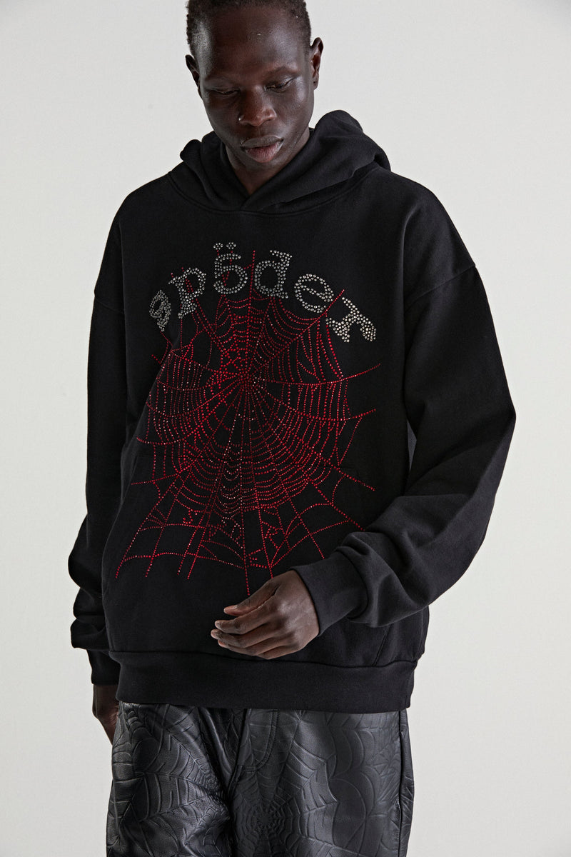 BLACK RHINESTONE OG WEB V2 HOODIE ON MODEL