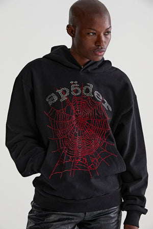 BLACK RHINESTONE OG WEB V2 HOODIE ON MODEL