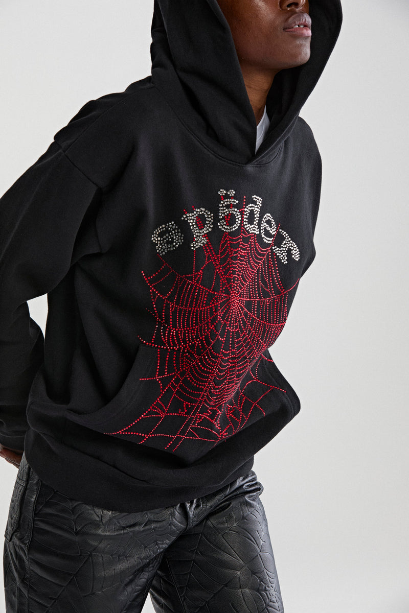 BLACK RHINESTONE OG WEB V2 HOODIE ON MODEL