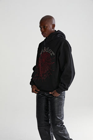 BLACK RHINESTONE OG WEB V2 HOODIE ON MODEL