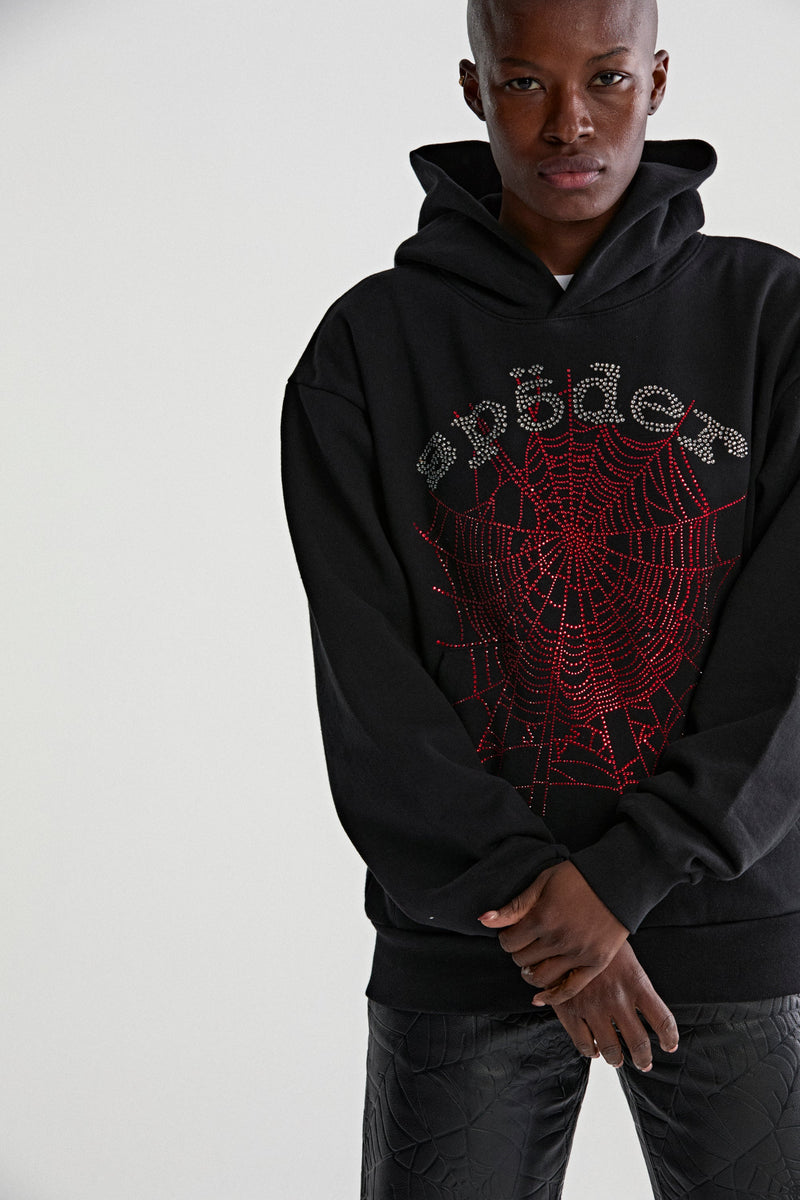 BLACK RHINESTONE OG WEB V2 HOODIE ON MODEL