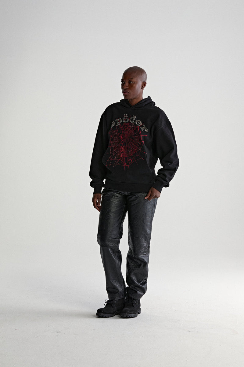 BLACK RHINESTONE OG WEB V2 HOODIE ON MODEL