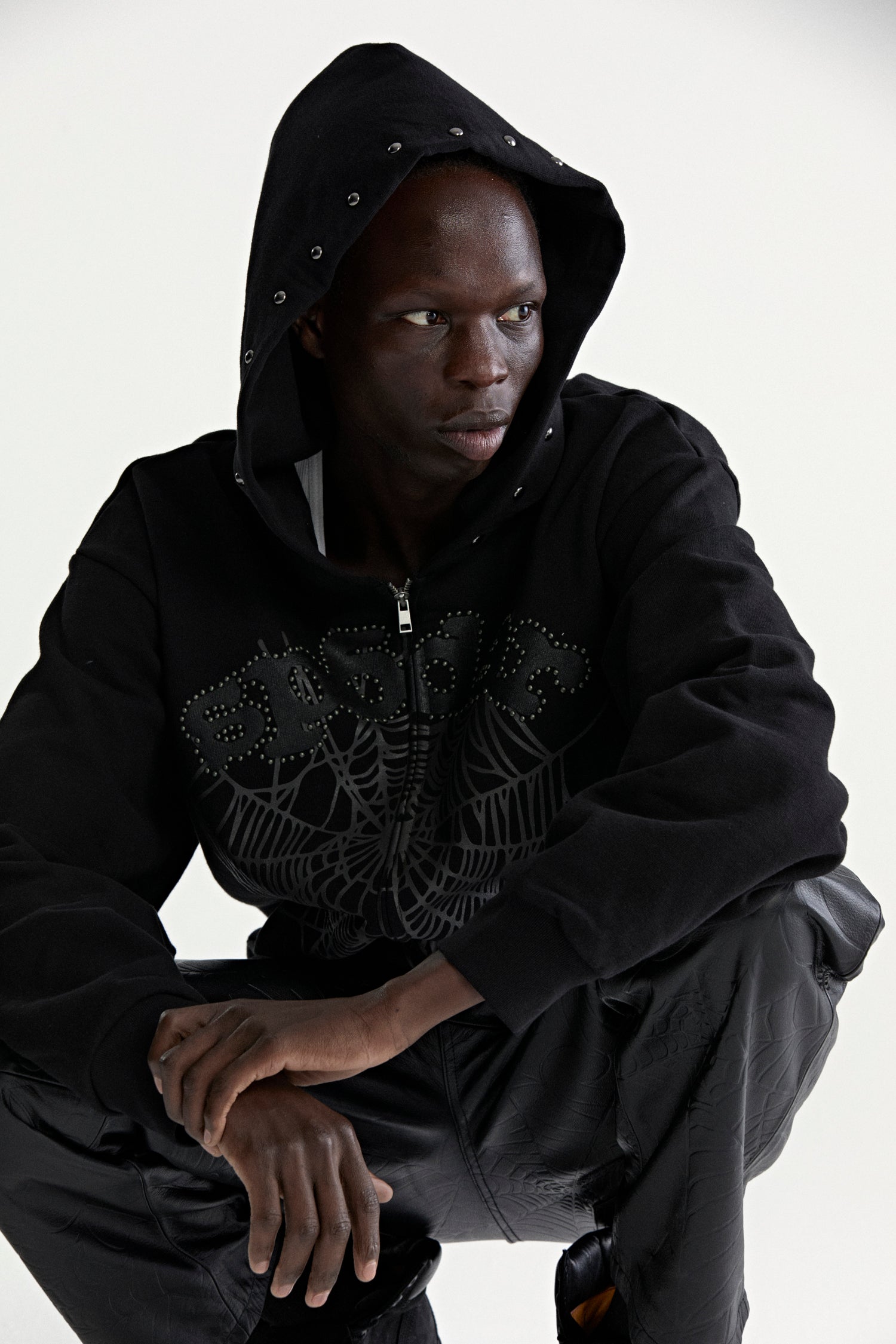 BLACK OG WEB STUDDED ZIP HOODIE | SP5DER | KING SPIDER