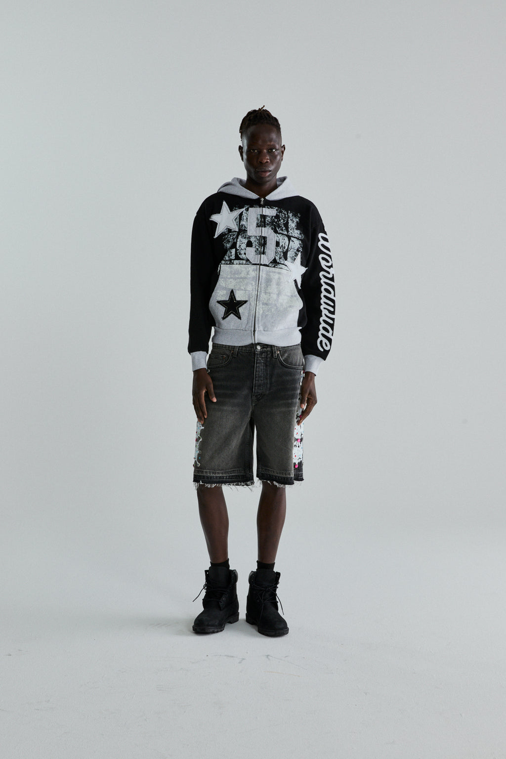 BLACK TRIPLE 5 STITCH ZIP UP ON MODEL
