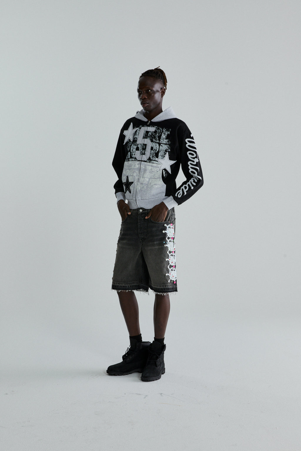 BLACK TRIPLE 5 STITCH ZIP UP ON MODEL