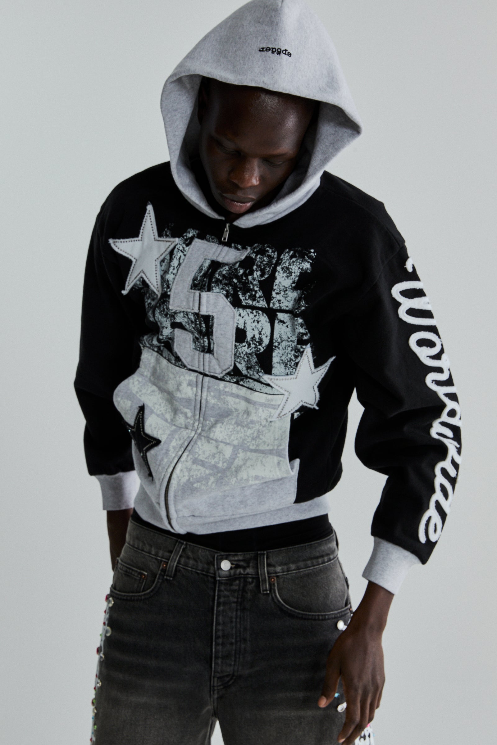 BLACK TRIPLE 5 STITCH ZIP UP ON MODEL