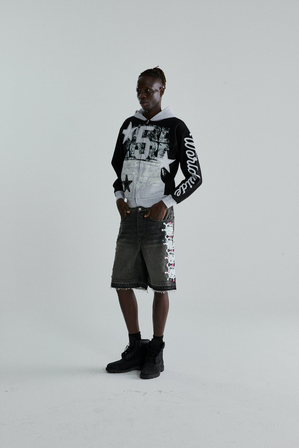 BLACK TRIPLE 5 STITCH ZIP UP ON MODEL