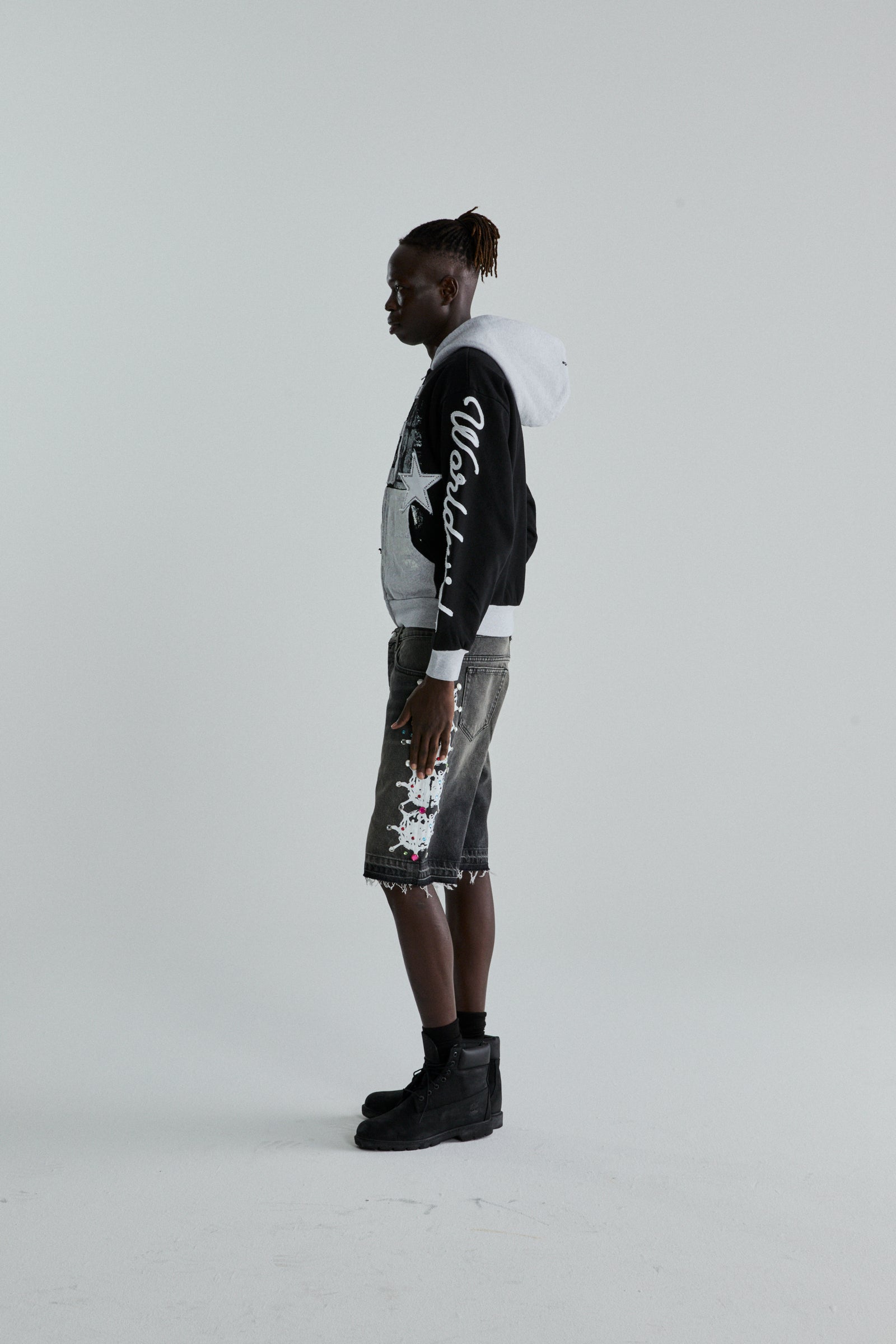 BLACK TRIPLE 5 STITCH ZIP UP ON MODEL