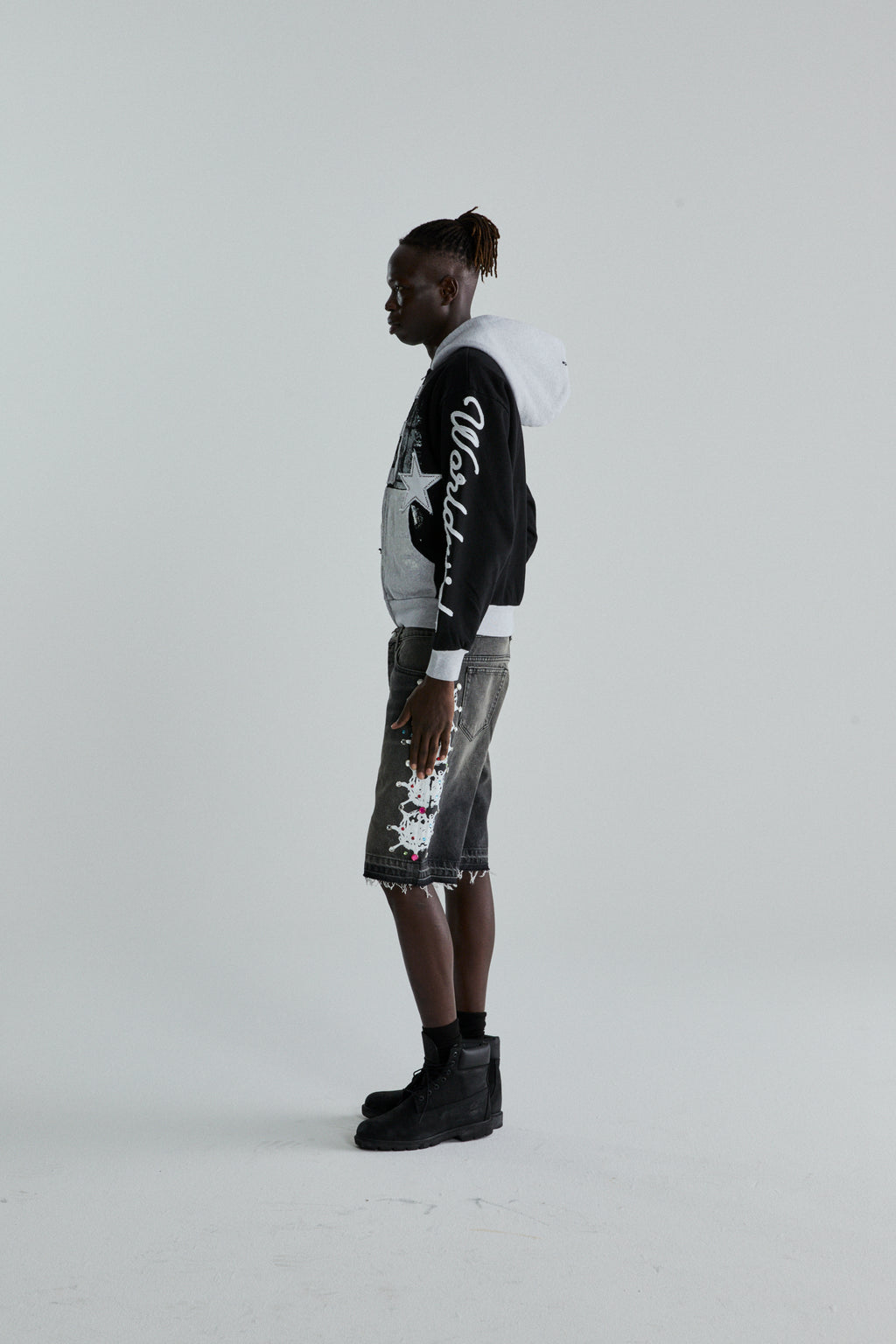 BLACK TRIPLE 5 STITCH ZIP UP ON MODEL