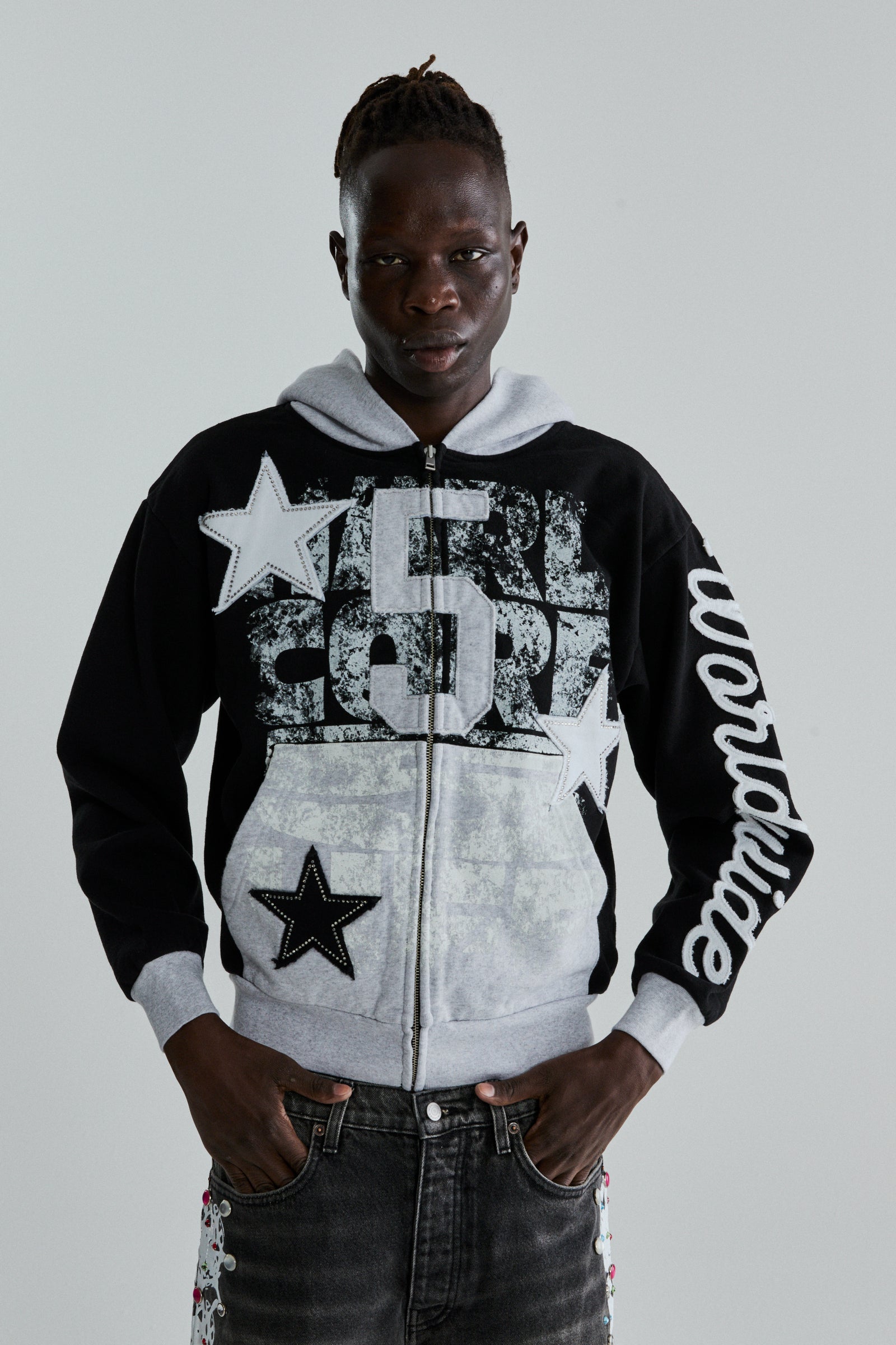 BLACK TRIPLE 5 STITCH ZIP UP ON MODEL