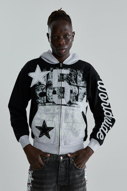BLACK TRIPLE 5 STITCH ZIP UP ON MODEL