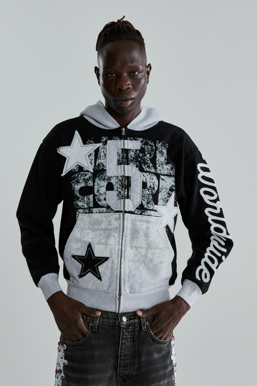 BLACK TRIPLE 5 STITCH ZIP UP ON MODEL