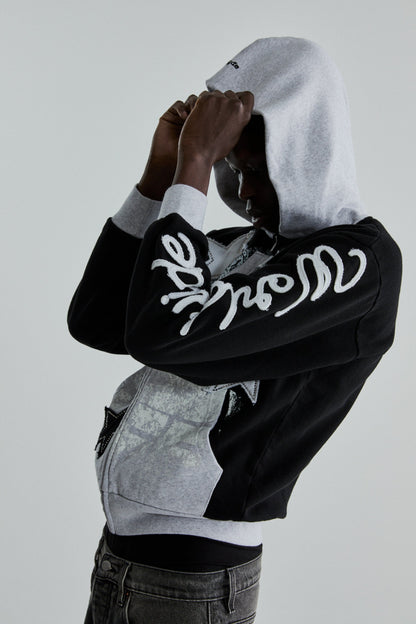 BLACK TRIPLE 5 STITCH ZIP UP ON MODEL