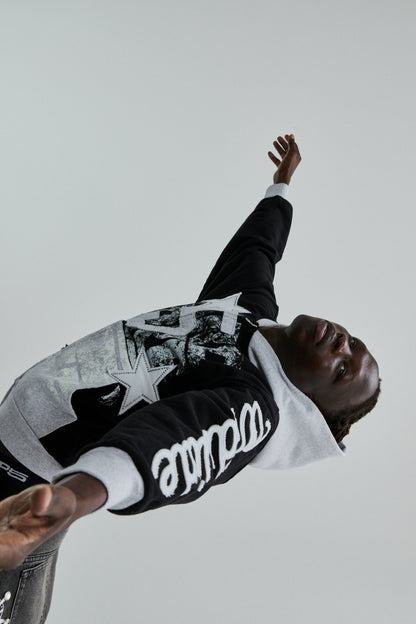 BLACK TRIPLE 5 STITCH ZIP UP ON MODEL