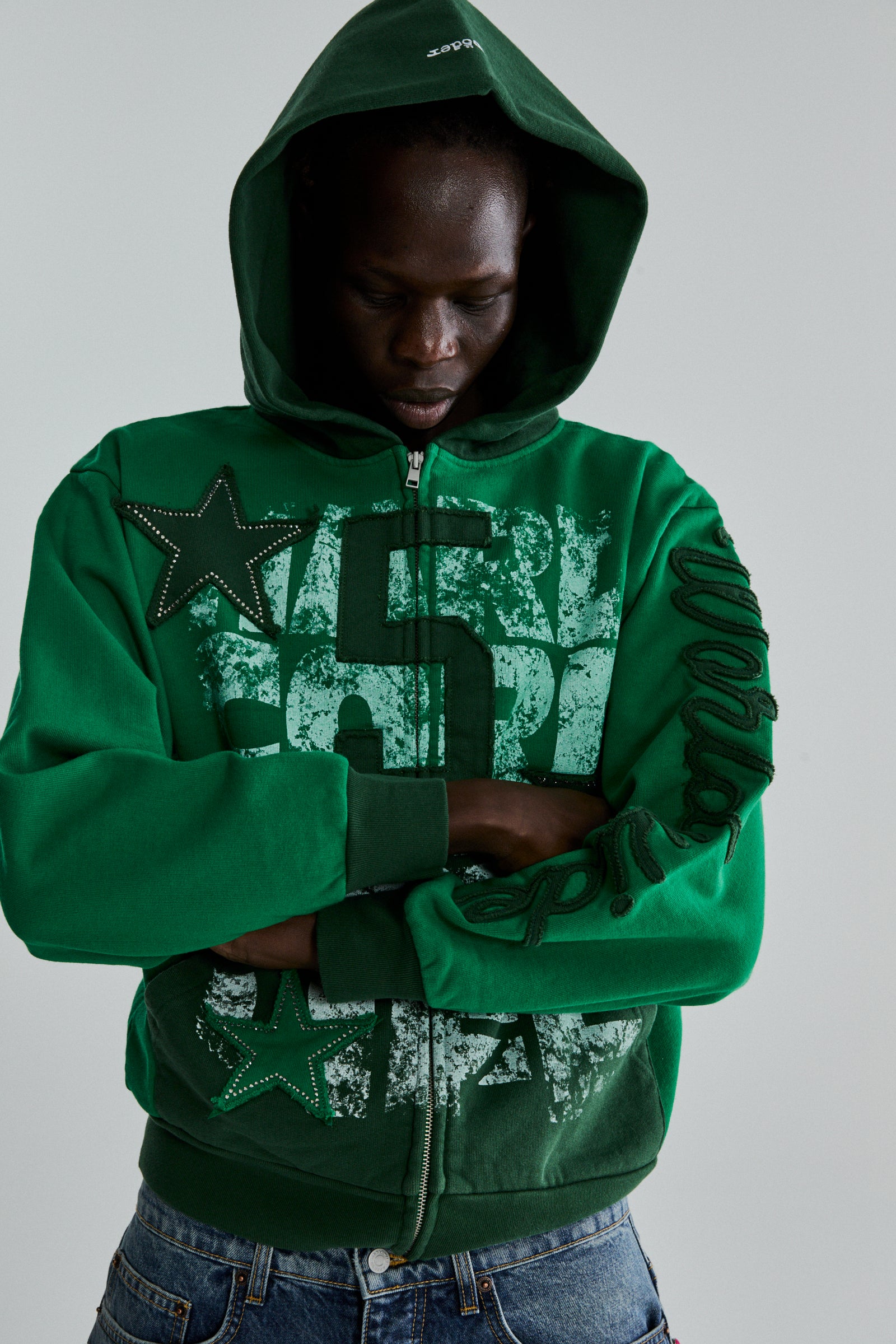 GREEN TRIPLE 5 STITCH ZIP UP ON MODEL