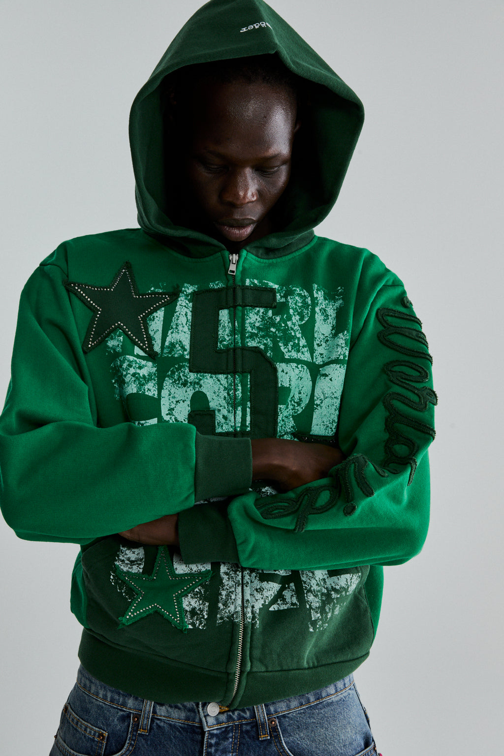 GREEN TRIPLE 5 STITCH ZIP UP ON MODEL
