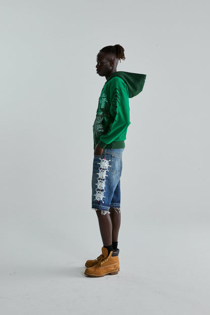 GREEN TRIPLE 5 STITCH ZIP UP ON MODEL