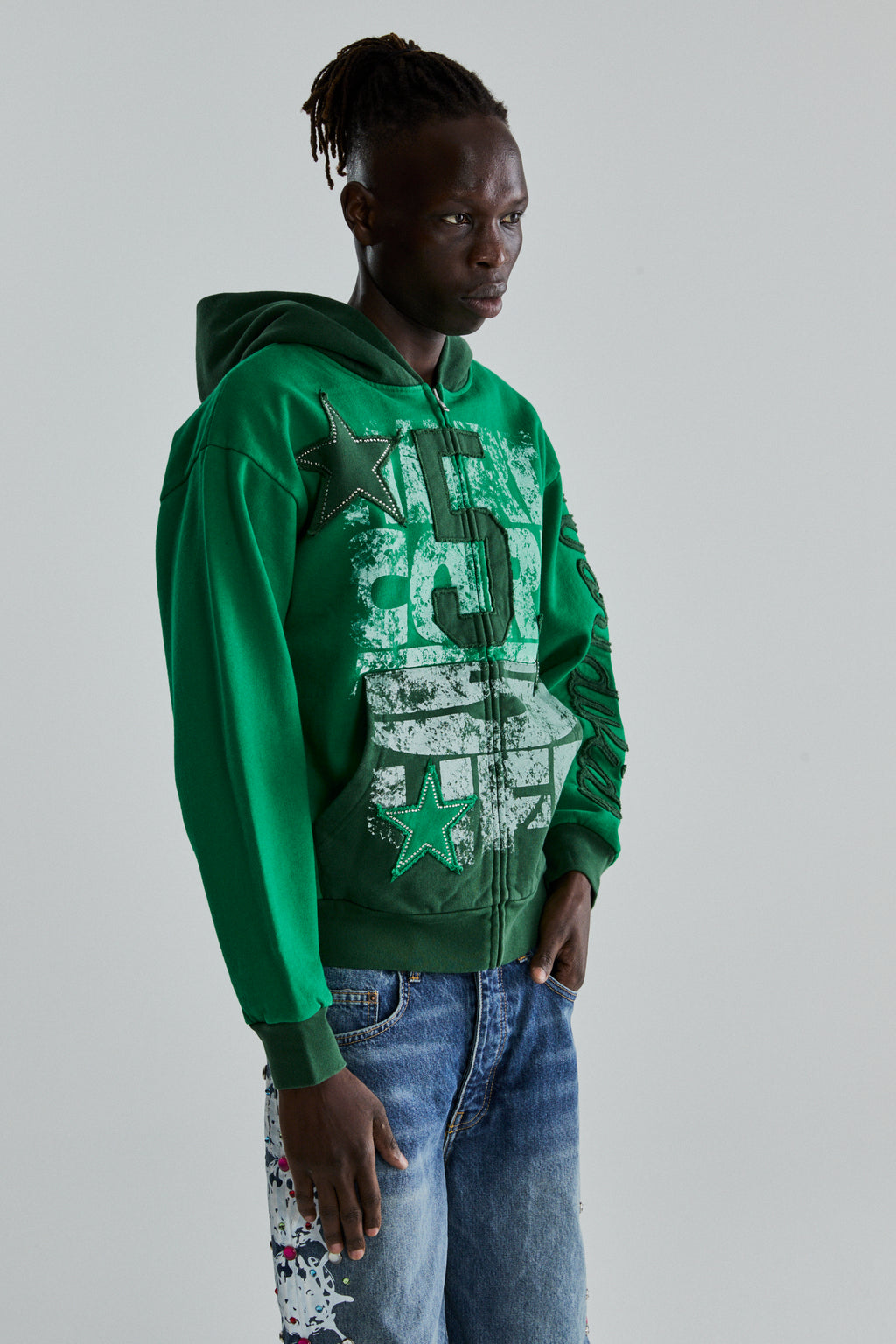 GREEN TRIPLE 5 STITCH ZIP UP ON MODEL