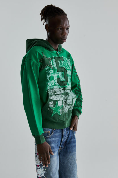 GREEN TRIPLE 5 STITCH ZIP UP ON MODEL