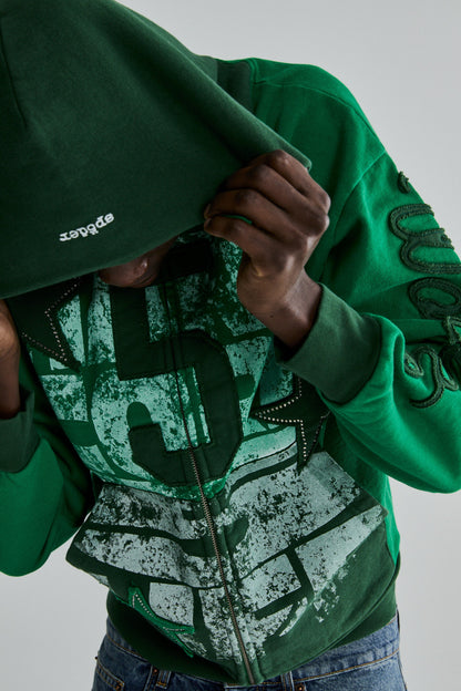 GREEN TRIPLE 5 STITCH ZIP UP ON MODEL
