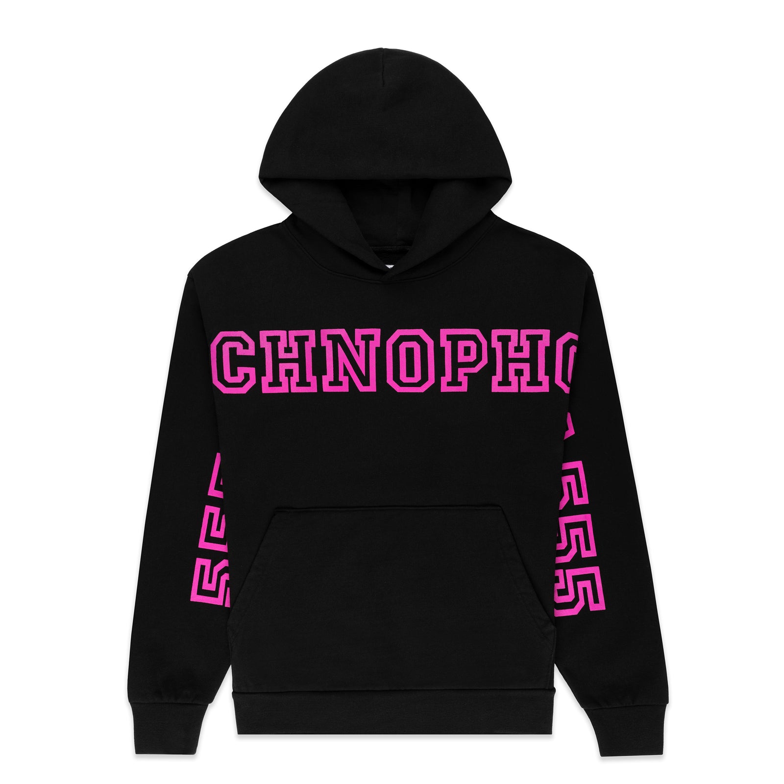 Black ARACH HOODIE with pink puff print text on chest and arms, kangaroo pocket, ribbed cuffs and hem.