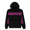 Black ARACH HOODIE with pink puff print text on chest and arms, kangaroo pocket, ribbed cuffs and hem.