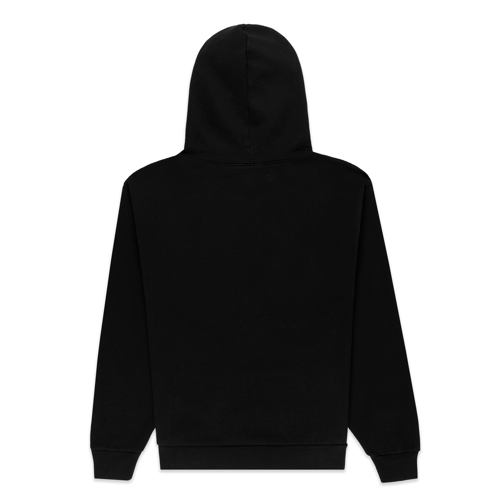ARACH HOODIE, black 13oz cotton fleece, back view.