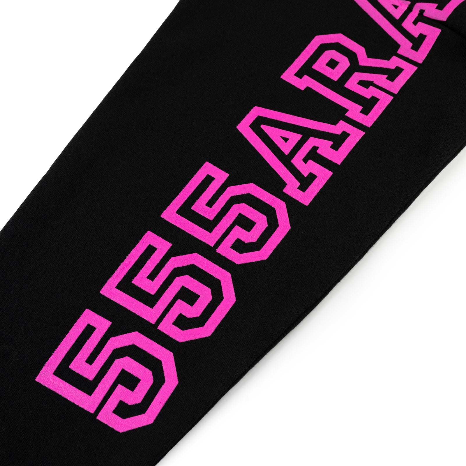 Black 100% cotton fleece hoodie sleeve with bold pink "555ARA" puff print text.