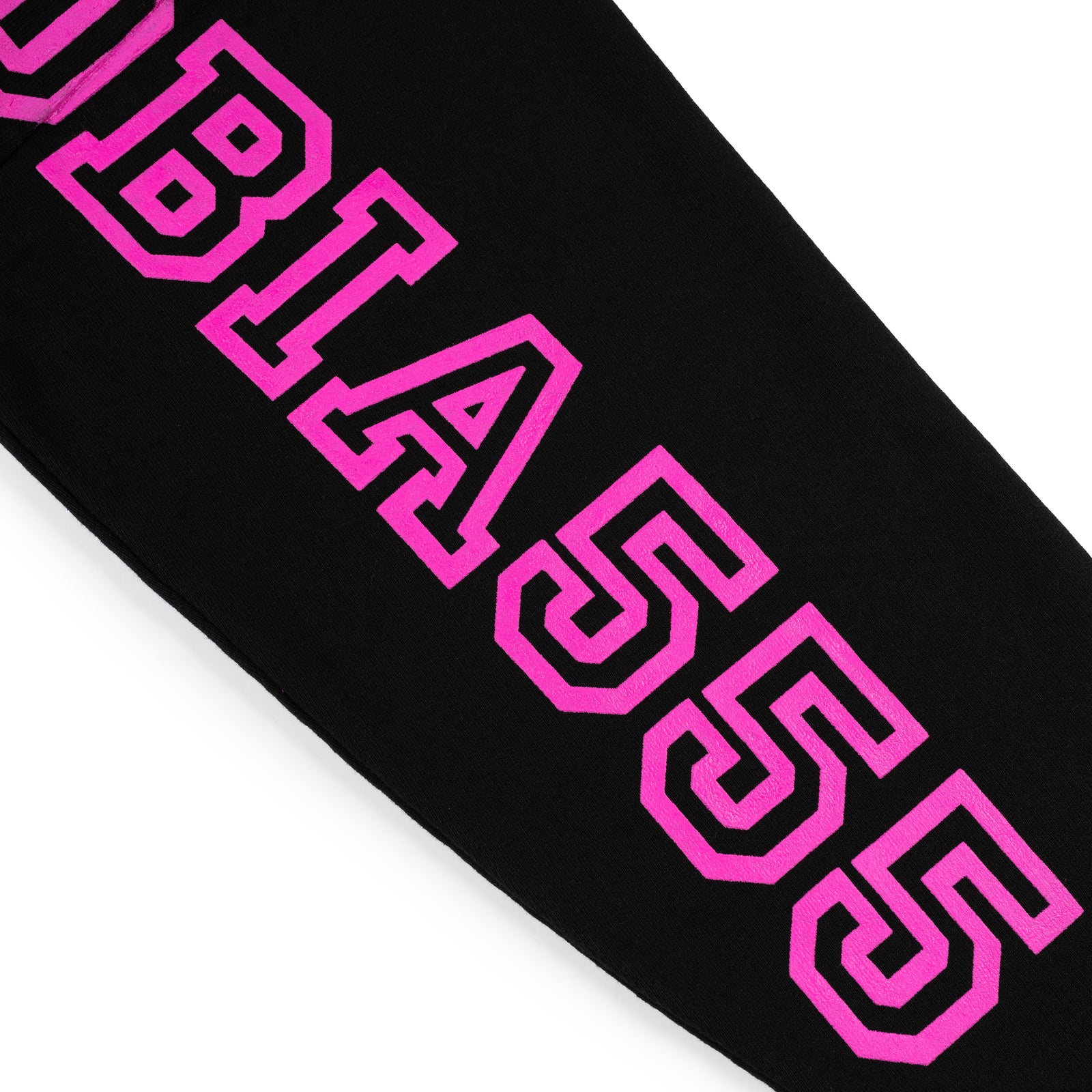 Black cotton fleece hoodie sleeve with bold pink puff print text.