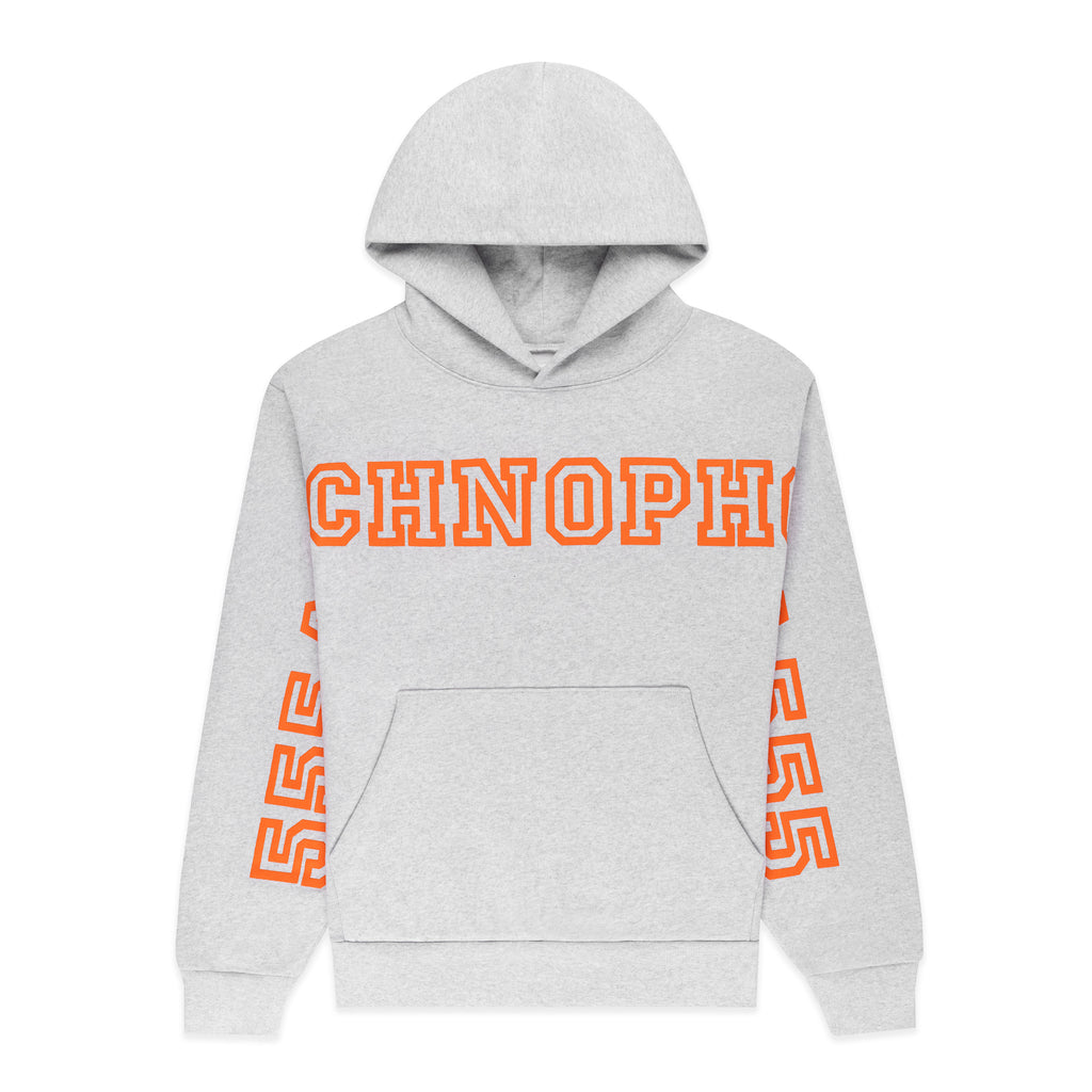 Light grey ARACH HOODIE with orange puff print text on chest and arms, kangaroo pocket, rib knit hem and cuffs.