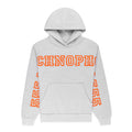 Light grey ARACH HOODIE with orange puff print text on chest and arms, kangaroo pocket, rib knit hem and cuffs.