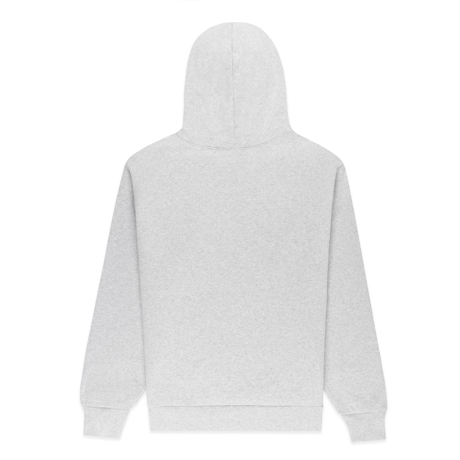 Back of a light grey 13oz cotton fleece hoodie with a ribbed hem and cuffs.