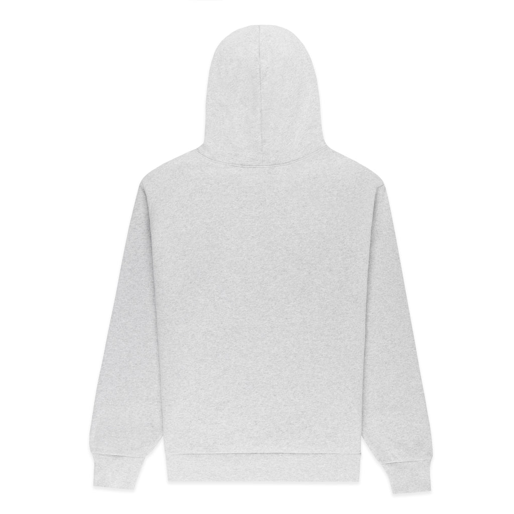 Back of a light grey 13oz cotton fleece hoodie with a ribbed hem and cuffs.