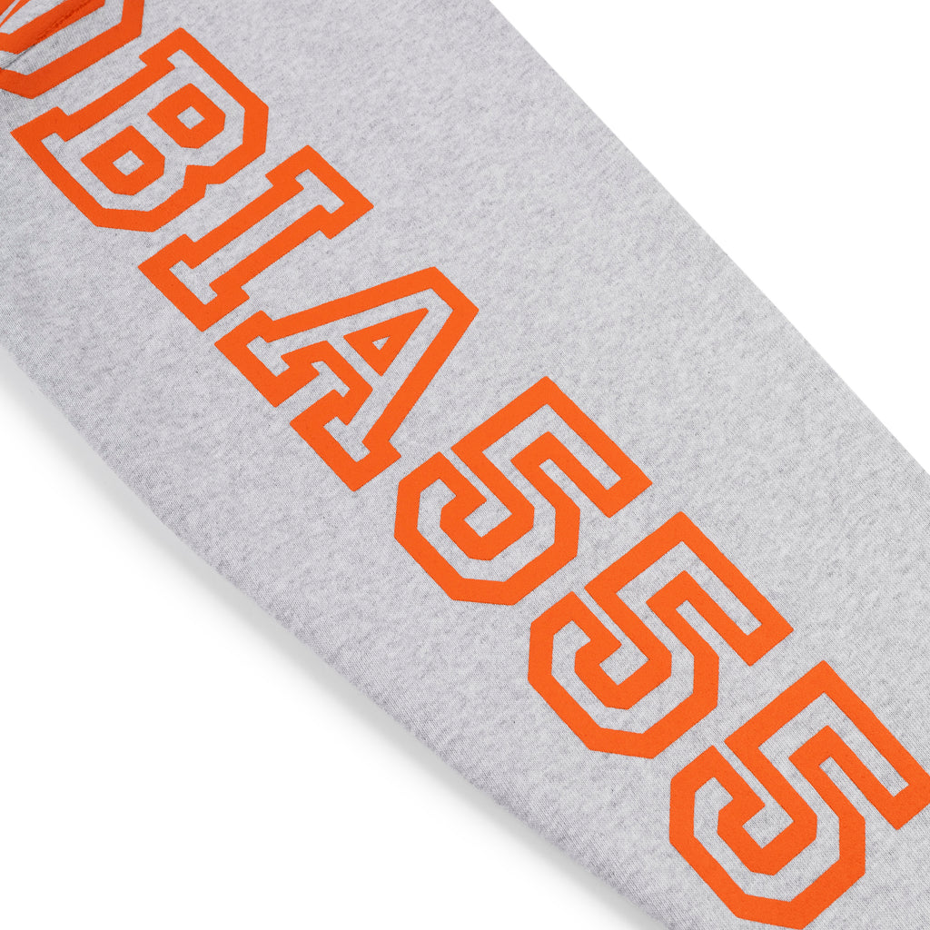 Gray 13oz cotton fleece hoodie sleeve with bold orange puff print text.