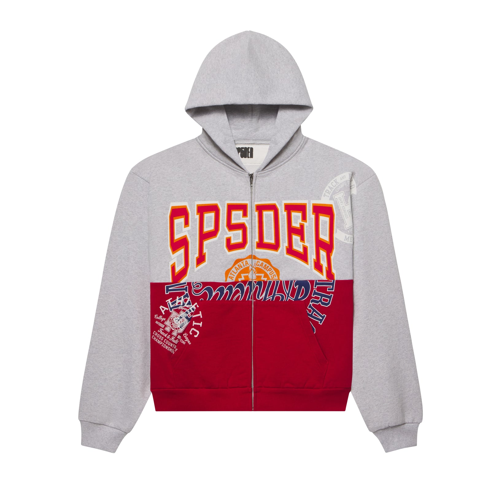 Grey and red color block zip hoodie in 13oz cotton fleece with varsity-inspired graphic prints and a kangaroo pocket.
