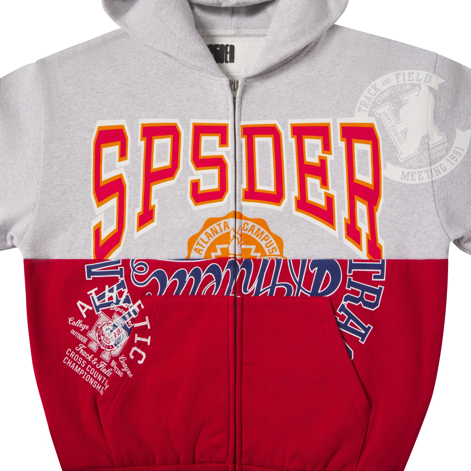 Grey and red color block cotton fleece zip hoodie with varsity-inspired graphic prints and a kangaroo pocket.