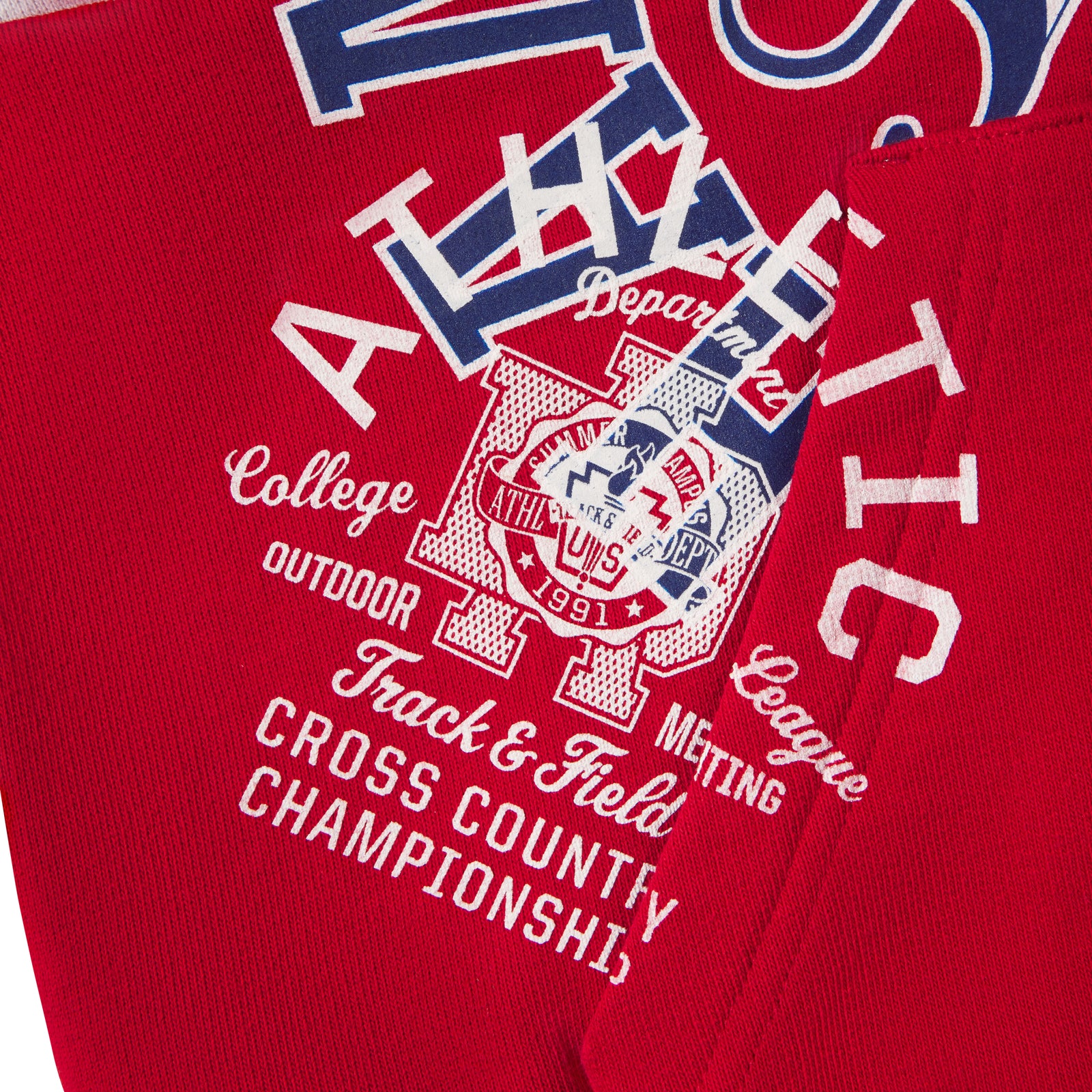 Red 13oz cotton fleece zip hoodie featuring a varsity-inspired graphic print with white and blue lettering.