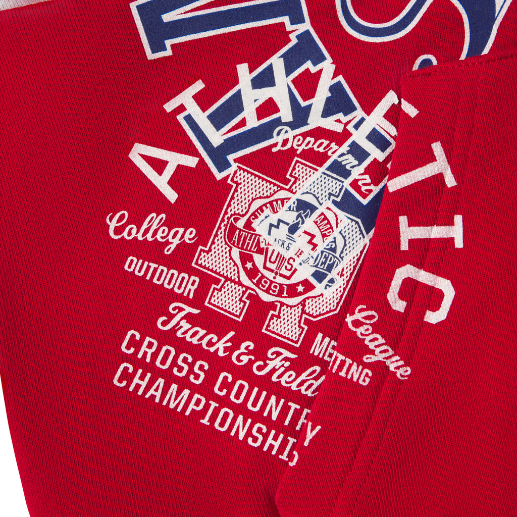 Red 13oz cotton fleece zip hoodie featuring a varsity-inspired graphic print with white and blue lettering.