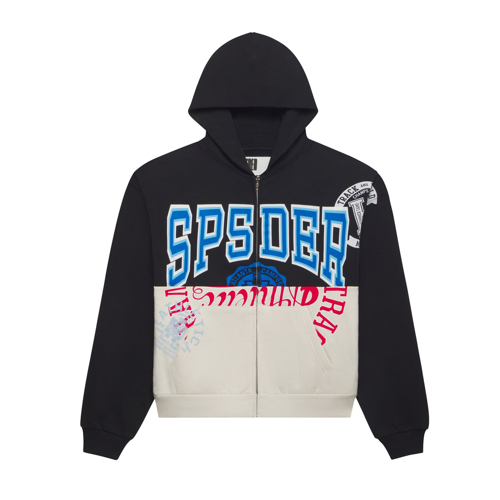Black and cream color block zip hoodie in 13oz cotton fleece with varsity-inspired graphic prints and a kangaroo pocket.
