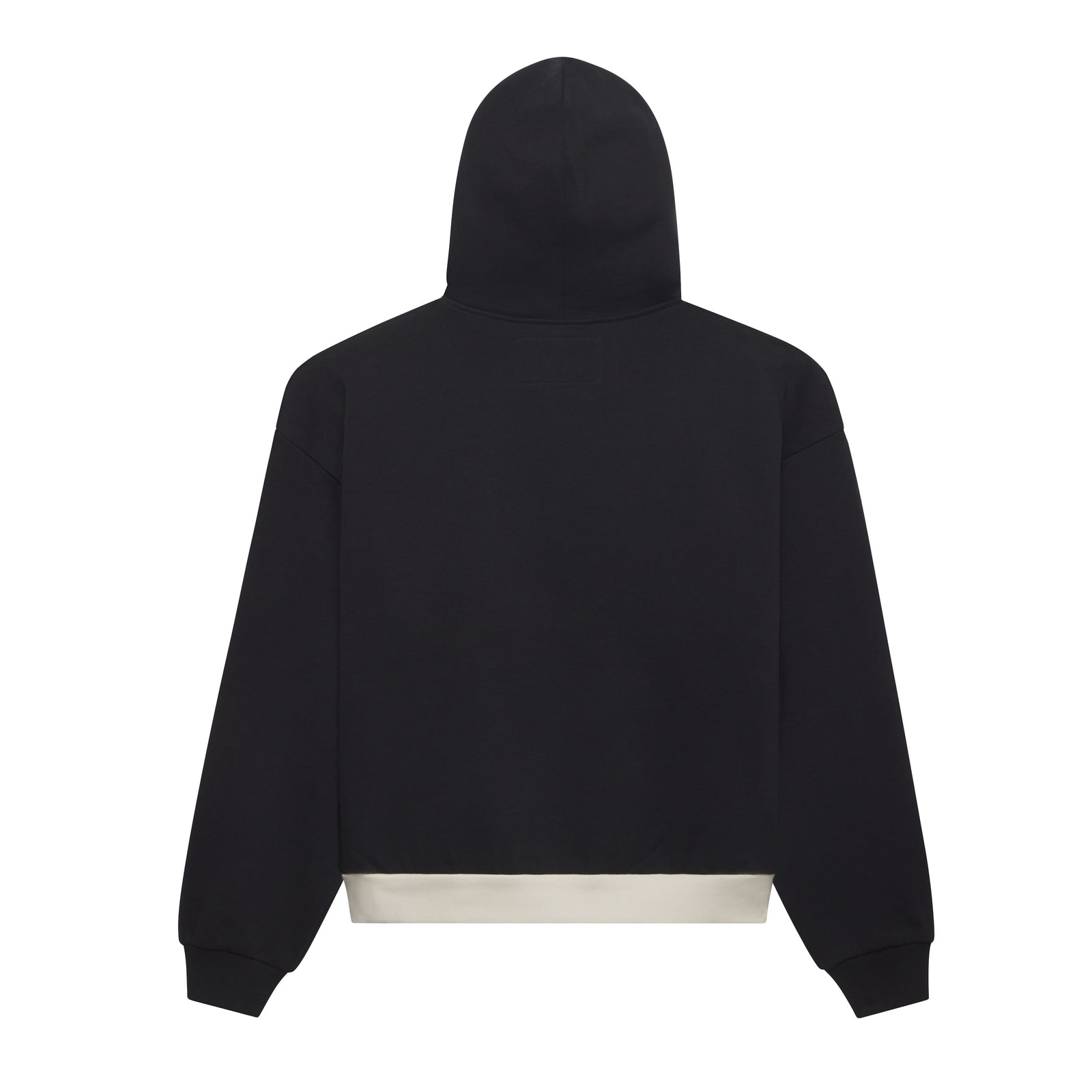 Black 13oz cotton fleece zip hoodie featuring a color block design with a contrasting cream hem.