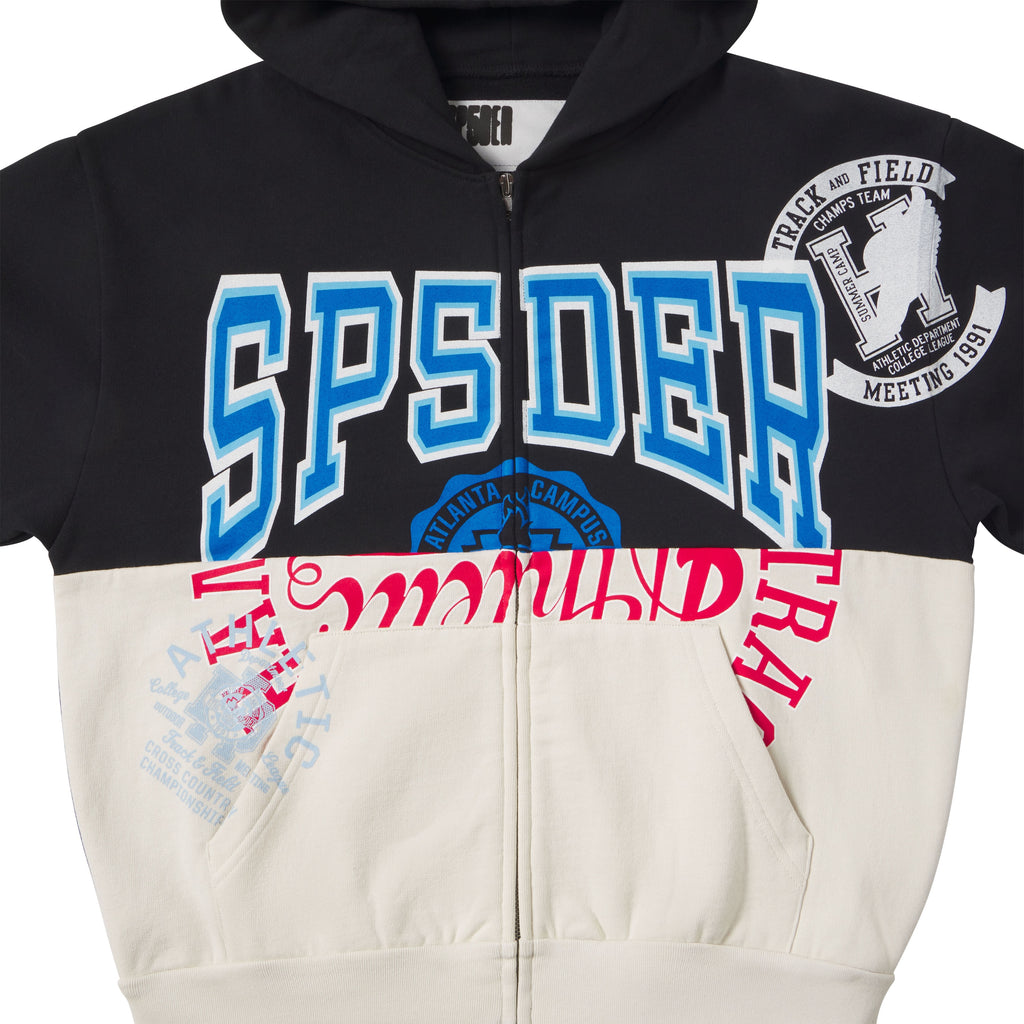Black and cream color-block cotton fleece zip hoodie with varsity-inspired graphic prints and a front kangaroo pocket.